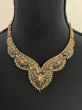 Vintage Ornate Gold-Tone Filigree Necklace with Amber Accents